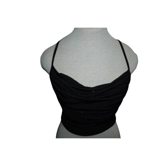 Vintage Bluetblu Y2K Ruched Glitter Cowl Neck Tank Black Spaghetti Strap Small - Picture 2 of 11